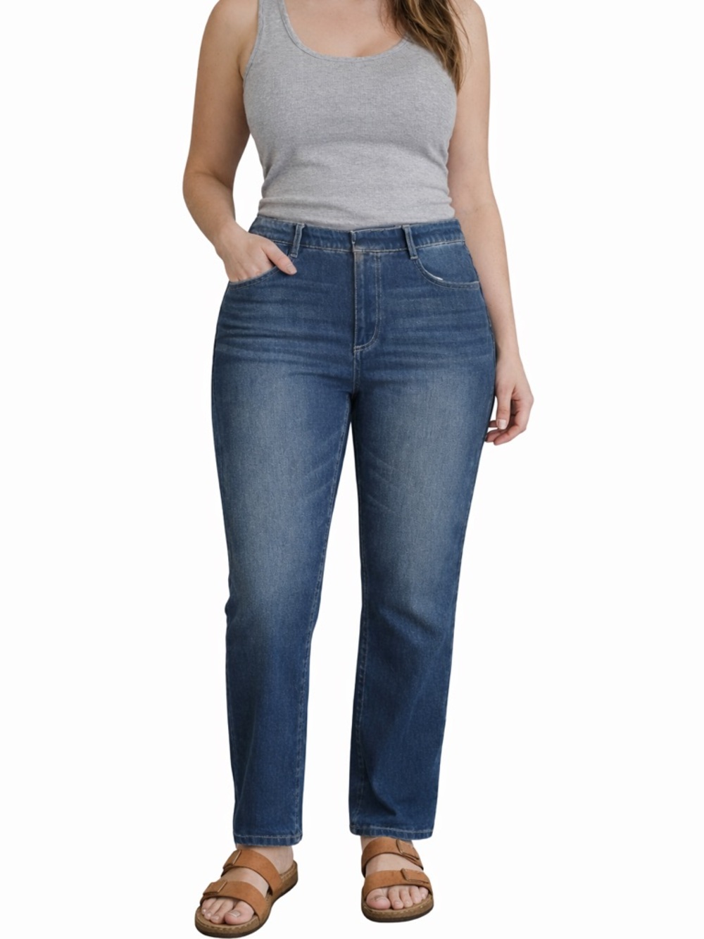 HALARA Mid-Rise Straight Leg Jeans in Medium Blue Wash
